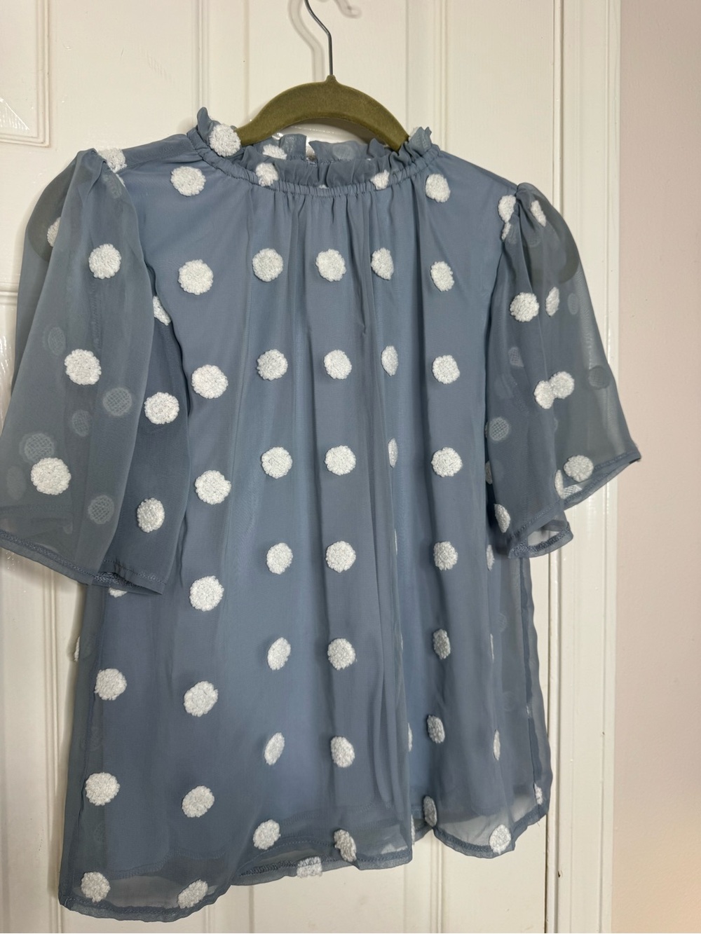 Light Blue Swiss Dot Puff Sleeve Blouse